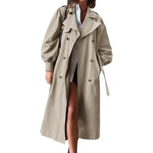 Tankaneo Womens Long Trench Coat Fall Fashion Oversized Double Breasted Lapel Overcoat Outerwear with Belt(Khaki)