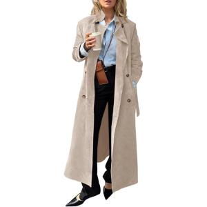 Tankaneo Womens Long Trench Coat Fall Faux Suede Jackets Double Breasted Lapel Pea Coat with Belt(Beige)