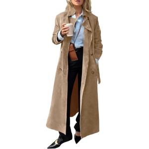 Tankaneo Womens Long Trench Coat Fall Faux Suede Jackets Double Breasted Lapel Pea Coat with Belt(Khaki)