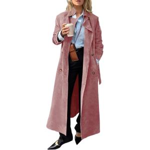 Tankaneo Womens Long Trench Coat Fall Faux Suede Jackets Double Breasted Lapel Pea Coat with Belt(Pink)