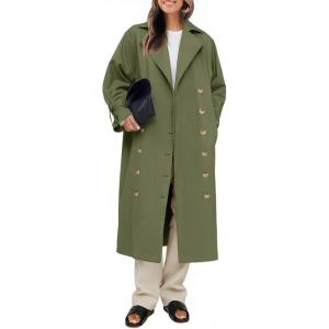Tankaneo Womens Long Trench Coat Oversized Double Breasted Windproof Classic Lapel Casual Fall Overcoat(Army Green)