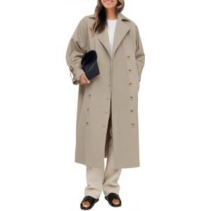 Tankaneo Womens Long Trench Coat Oversized Double Breasted Windproof Classic Lapel Casual Fall Overcoat(Light Khaki)