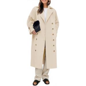 Tankaneo Womens Long Trench Coat Oversized Double Breasted Windproof Classic Lapel Casual Fall Overcoat(Off-white)
