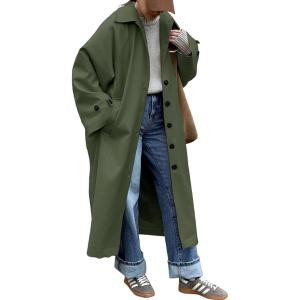 Tankaneo Womens Long Trench Coat Single Breasted Oversized Windproof Classic Lapel Fall Overcoat(Army Green)