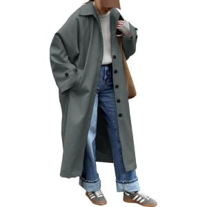 Tankaneo Womens Long Trench Coat Single Breasted Oversized Windproof Classic Lapel Fall Overcoat(Grey)