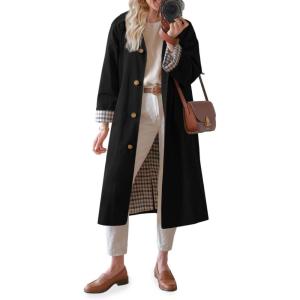 Tankaneo Womens Long Trench Coat Single Breasted Oversized Windproof Overcoat Fashion Outerwear(Black)
