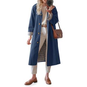 Tankaneo Womens Long Trench Coat Single Breasted Oversized Windproof Overcoat Fashion Outerwear(Navy)