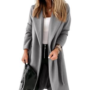 Tankaneo Womens Notched Lapel Collar Coats Open Front Long Jackets Overcoat with Belt(Grey)