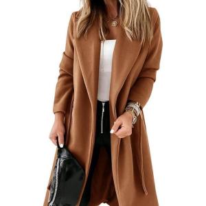 Tankaneo Womens Notched Lapel Collar Coats Open Front Long Jackets Overcoat with Belt(Light Brown)