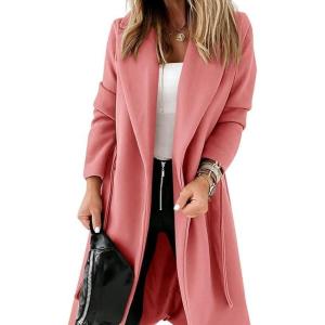 Tankaneo Womens Notched Lapel Collar Coats Open Front Long Jackets Overcoat with Belt(Watermelon Red)