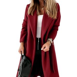 Tankaneo Womens Notched Lapel Collar Coats Open Front Long Jackets Overcoat with Belt(Wine Red)
