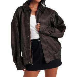 Tankaneo Womens Oversized Leather Jackets Trendy Zip up Bomber Motorcycle Coat 2025 Going out Outfits(Black)