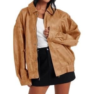 Tankaneo Womens Oversized Leather Jackets Trendy Zip up Bomber Motorcycle Coat 2025 Going out Outfits(Brown)