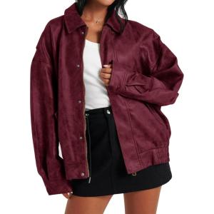 Tankaneo Womens Oversized Leather Jackets Trendy Zip up Bomber Motorcycle Coat 2025 Going out Outfits(Burgundy)