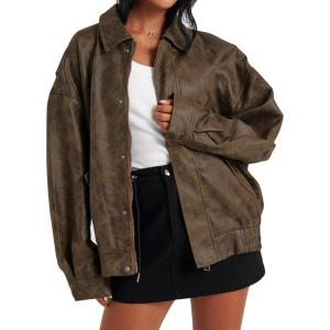 Tankaneo Womens Oversized Leather Jackets Trendy Zip up Bomber Motorcycle Coat 2025 Going out Outfits(Dark Brown)