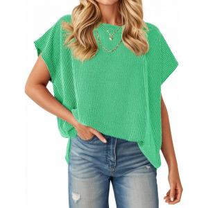 Tankaneo Womens Oversized Short Cap Sleeve Tunic Tops Summer Casual Textured Ribbed Knit T-Shirts Loose Fit Tees(Green)