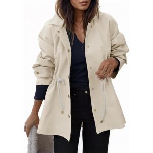 Tankaneo Womens Oversized Trench Coat Mid Length Snap Button Fall Jacket Windproof Outerwear with Drawstring(Beige)