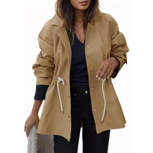 Tankaneo Womens Oversized Trench Coat Mid Length Snap Button Fall Jacket Windproof Outerwear with Drawstring(Khaki)