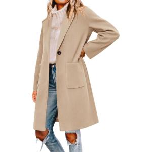Tankaneo Womens Pea Coat Notched Lapel Single Breasted Long Jacket Winter Casual Trench Coat Outerwear(Apricot)