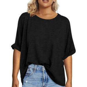 Tankaneo Women’s Plus Size Short Sleeve T Shirts Summer Half Sleeve Crew Neck Oversized Tees Casual Loose Fit Tunic Tops(Black)