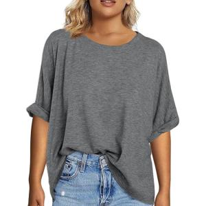 Tankaneo Women’s Plus Size Short Sleeve T Shirts Summer Half Sleeve Crew Neck Oversized Tees Casual Loose Fit Tunic Tops(Dark Grey)