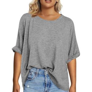 Tankaneo Women’s Plus Size Short Sleeve T Shirts Summer Half Sleeve Crew Neck Oversized Tees Casual Loose Fit Tunic Tops(Grey)