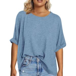 Tankaneo Women’s Plus Size Short Sleeve T Shirts Summer Half Sleeve Crew Neck Oversized Tees Casual Loose Fit Tunic Tops(Grey Blue)