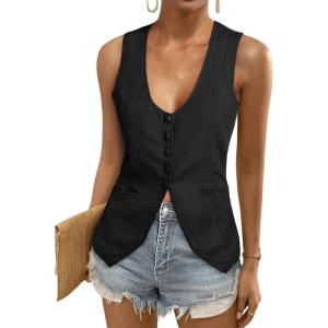 Tankaneo Womens Scoop Neck Blazer Vest Summer Linen Sleeveless Fitted Waistcoat Work Casual Cotton Suit Tops(Black)
