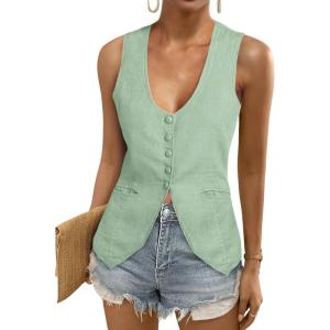 Tankaneo Womens Scoop Neck Blazer Vest Summer Linen Sleeveless Fitted Waistcoat Work Casual Cotton Suit Tops(Mint)