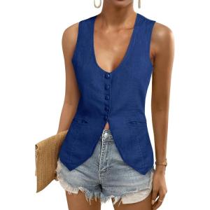 Tankaneo Womens Scoop Neck Blazer Vest Summer Linen Sleeveless Fitted Waistcoat Work Casual Cotton Suit Tops(Navy)