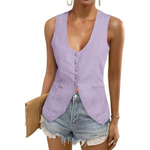 Tankaneo Womens Scoop Neck Blazer Vest Summer Linen Sleeveless Fitted Waistcoat Work Casual Cotton Suit Tops(Purple)
