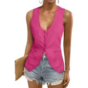 Tankaneo Womens Scoop Neck Blazer Vest Summer Linen Sleeveless Fitted Waistcoat Work Casual Cotton Suit Tops(Rose Red)