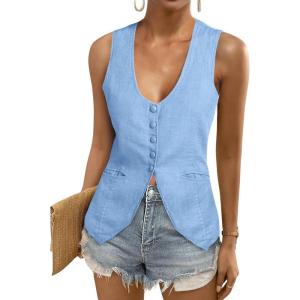 Tankaneo Womens Scoop Neck Blazer Vest Summer Linen Sleeveless Fitted Waistcoat Work Casual Cotton Suit Tops(Sky Blue)
