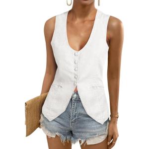 Tankaneo Womens Scoop Neck Blazer Vest Summer Linen Sleeveless Fitted Waistcoat Work Casual Cotton Suit Tops(White)