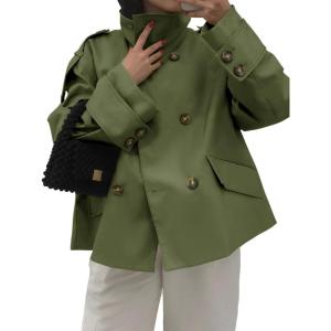 Tankaneo Womens Short Trench Coat Oversized Double Breasted Stand Collar Cropped Jacket Fall Casual Work Outerwear(Army Green)