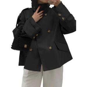 Tankaneo Womens Short Trench Coat Oversized Double Breasted Stand Collar Cropped Jacket Fall Casual Work Outerwear(Black)