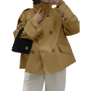 Tankaneo Womens Short Trench Coat Oversized Double Breasted Stand Collar Cropped Jacket Fall Casual Work Outerwear(Dark Khaki)