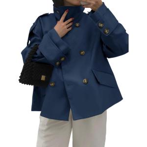 Tankaneo Womens Short Trench Coat Oversized Double Breasted Stand Collar Cropped Jacket Fall Casual Work Outerwear(Navy Blue)