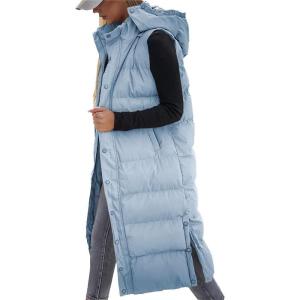 Tankaneo Women’s Sleeveless Long Quilted Vest Hooded Button Down Puff Vest Cotton Padded Jacket Winter Outerwear(Blue)