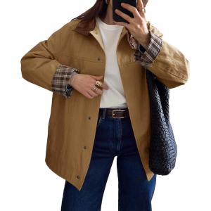 Tankaneo Womens Trench Coat Oversized Fall Barn Jacket Leather Collar Plaid Color Block Windproof Overcoat(Brown)