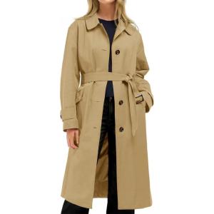 Tankaneo Womens Trench Coats Single Breasted Long Windproof Overcoat with Pockets and Belt(Khaki)