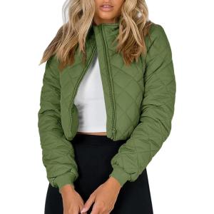 Tankaneo Women’s Winter Cropped Puffer Jacket Quilted Zip Up Bomber Coat Fashion Outerwear with Pockets(Army Green)