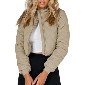 Tankaneo Women’s Winter Cropped Puffer Jacket Quilted Zip Up Bomber Coat Fashion Outerwear with Pockets(Khaki)
