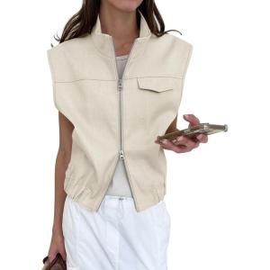 Tankaneo Womens Zip Up Cargo Vest Tops Summer Casual Sleeveless Jackets Cap Sleeve Vests Outerwear with Pockets(Beige)