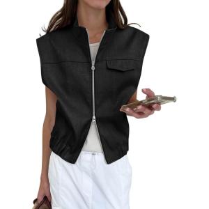 Tankaneo Womens Zip Up Cargo Vest Tops Summer Casual Sleeveless Jackets Cap Sleeve Vests Outerwear with Pockets(Black)