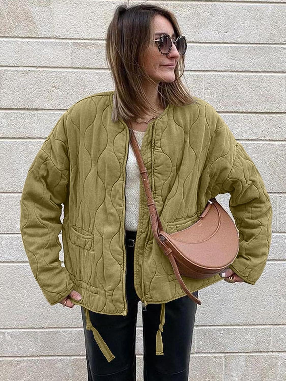 imageTankaneo Womens Collarless Lightweight Quilted Jackets Casual Oversized Puffer Coats Zip Up Drawstring OuterwearArmy Green