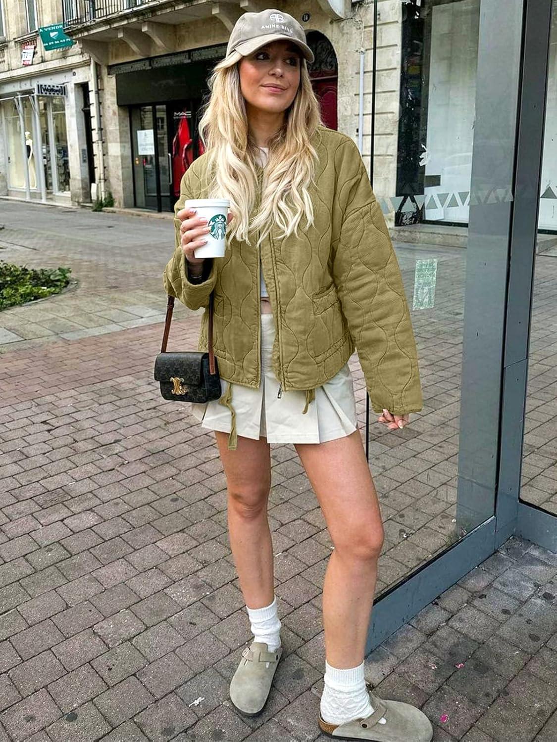 imageTankaneo Womens Collarless Lightweight Quilted Jackets Casual Oversized Puffer Coats Zip Up Drawstring OuterwearArmy Green