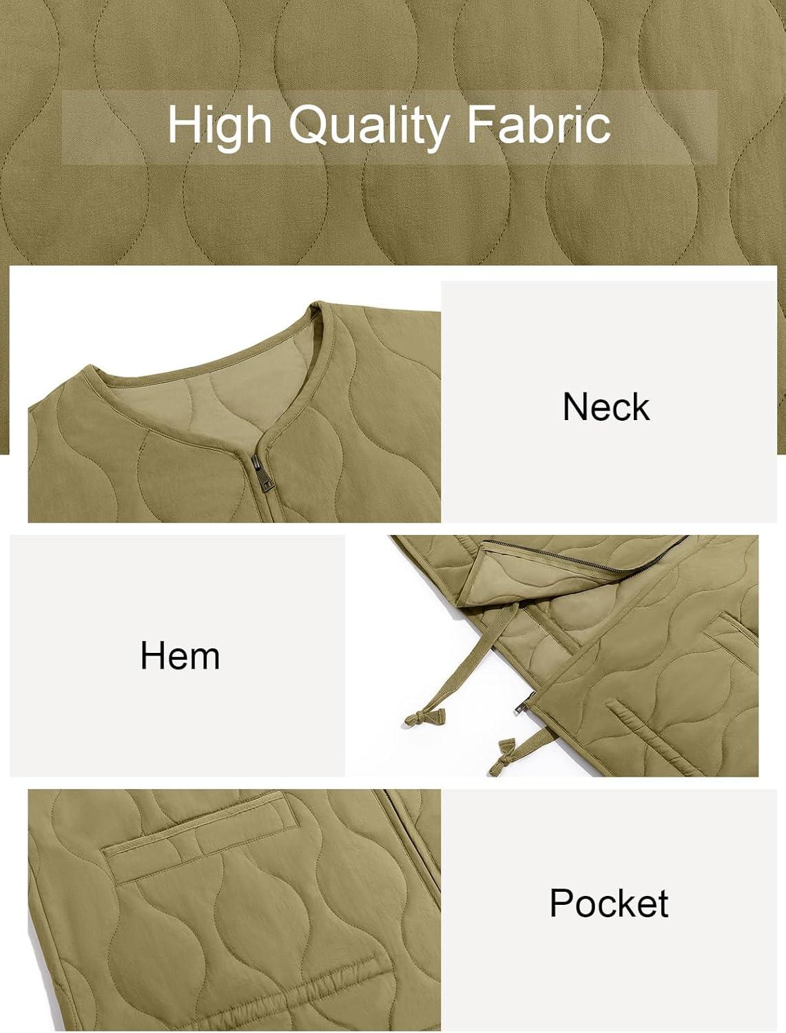 imageTankaneo Womens Collarless Lightweight Quilted Jackets Casual Oversized Puffer Coats Zip Up Drawstring OuterwearArmy Green