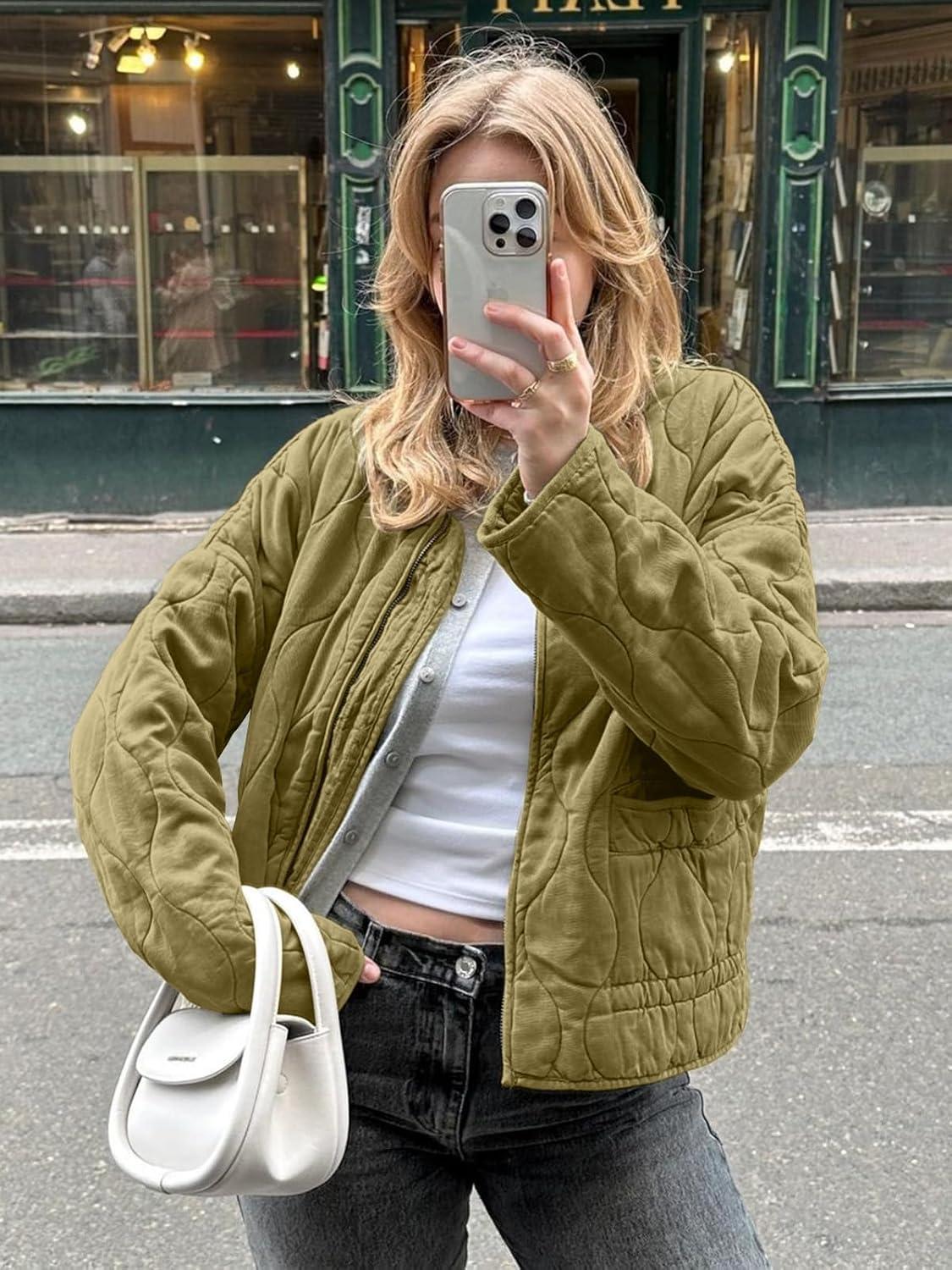 imageTankaneo Womens Collarless Lightweight Quilted Jackets Casual Oversized Puffer Coats Zip Up Drawstring OuterwearArmy Green