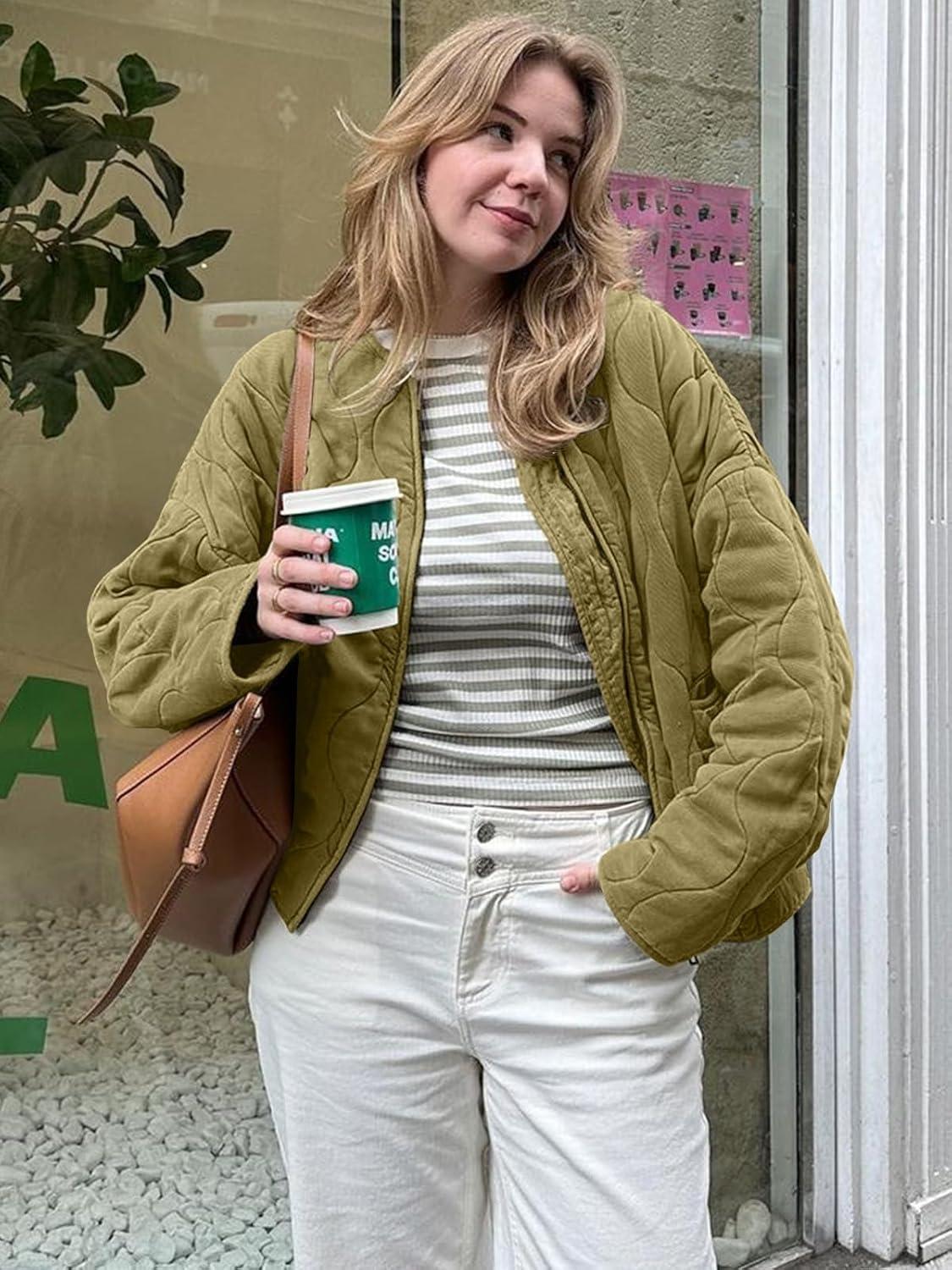 imageTankaneo Womens Collarless Lightweight Quilted Jackets Casual Oversized Puffer Coats Zip Up Drawstring OuterwearArmy Green